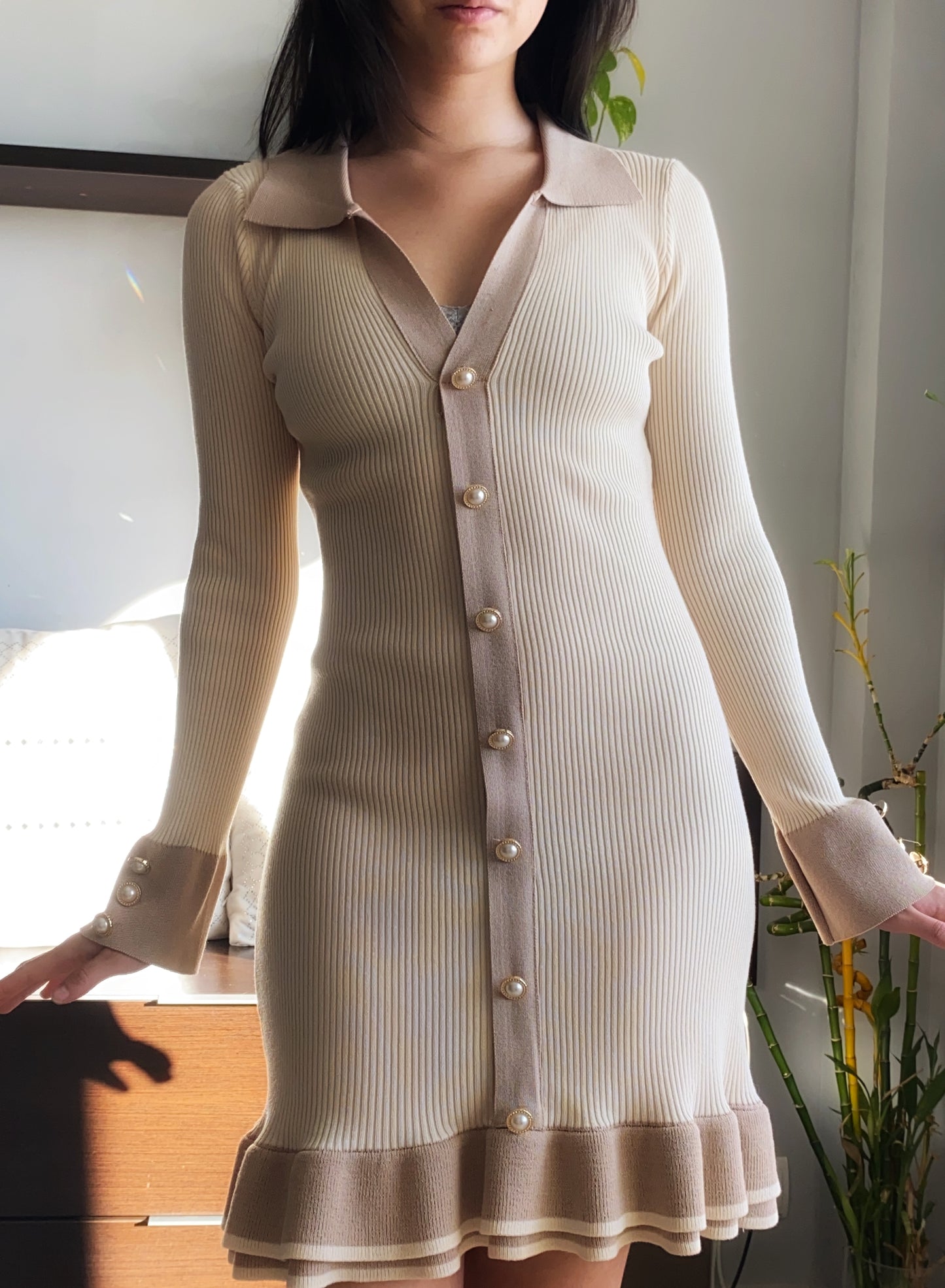 Beige Pearl Buttons Dress