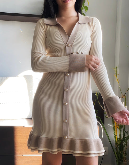 Beige Pearl Buttons Dress